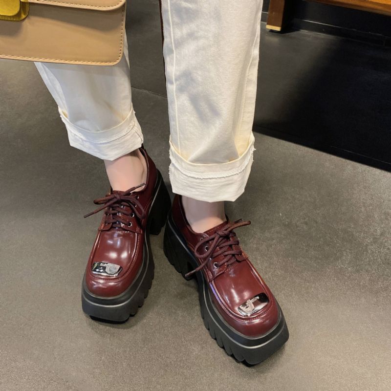 Amelia Damskie Buty Na Platformie Sznurowane - Czerwony winny