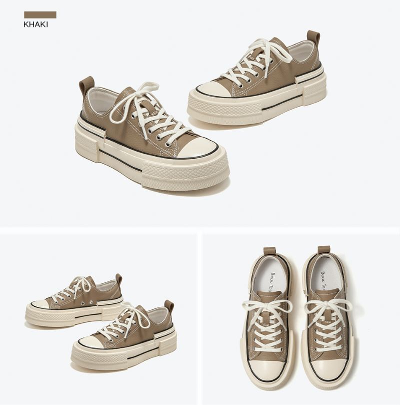 Amelia Damskie Skórzane Trampki Na Platformie - Khaki