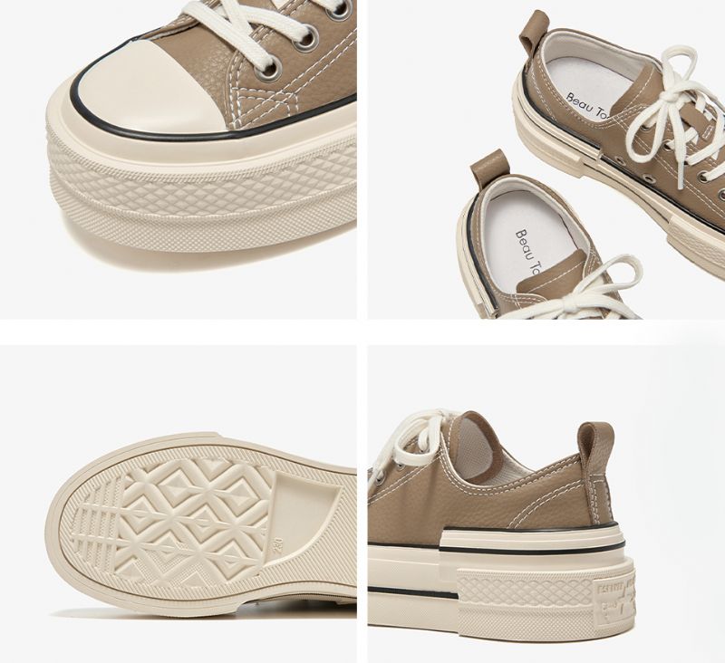 Amelia Damskie Skórzane Trampki Na Platformie - Khaki