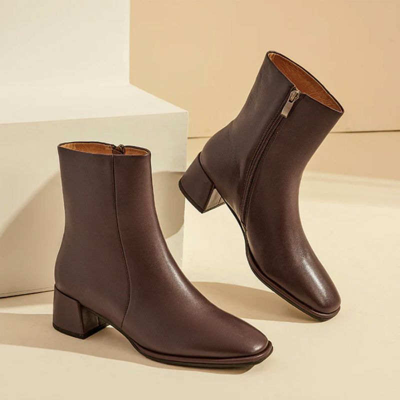 Anisa Damskie Skórzane Buty Do Kostki - Kawa