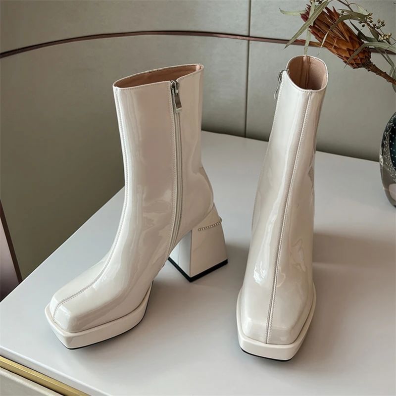 Any Damskie Lakierowane Buty Skórzane - Czarny Bez Futra