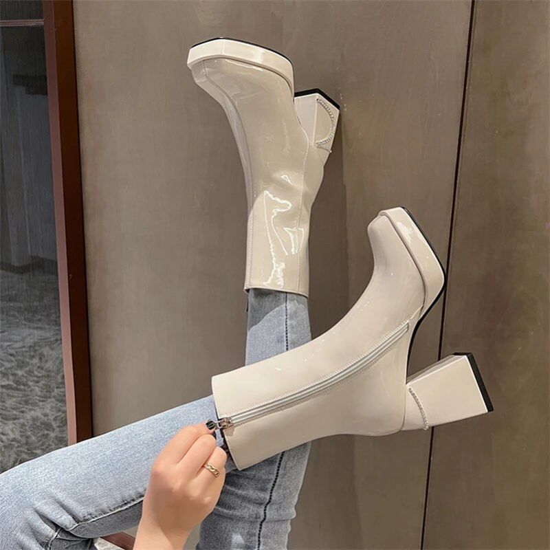 Any Damskie Lakierowane Buty Skórzane - Czarny Bez Futra