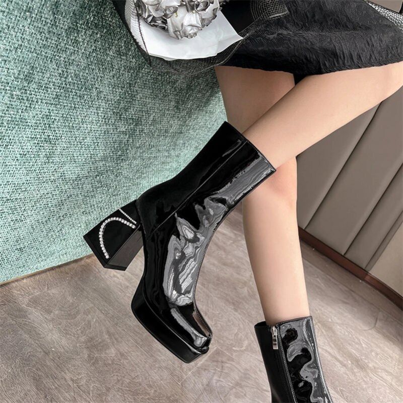 Any Damskie Lakierowane Buty Skórzane - Czarny Bez Futra