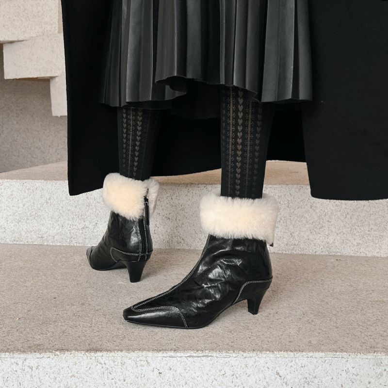 Ariana Damskie Buty Do Kostki Z Ciepłym Pluszem Ze Skóry - Czarny