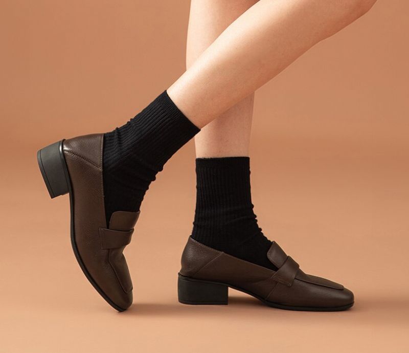 Armenia Damskie Płaskie Buty Typu Loafer Z Kwadratowym Noskiem - Kawowy