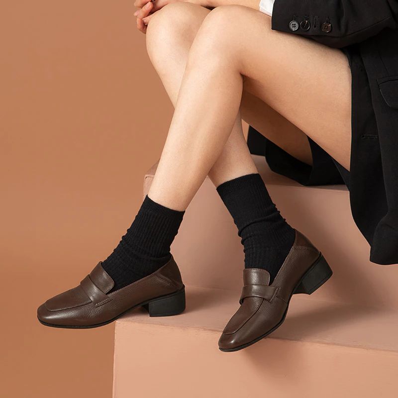 Armenia Damskie Płaskie Buty Typu Loafer Z Kwadratowym Noskiem - Kawowy