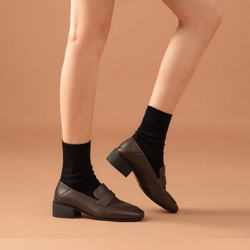 Armenia Damskie Płaskie Buty Typu Loafer Z Kwadratowym Noskiem - Kawowy