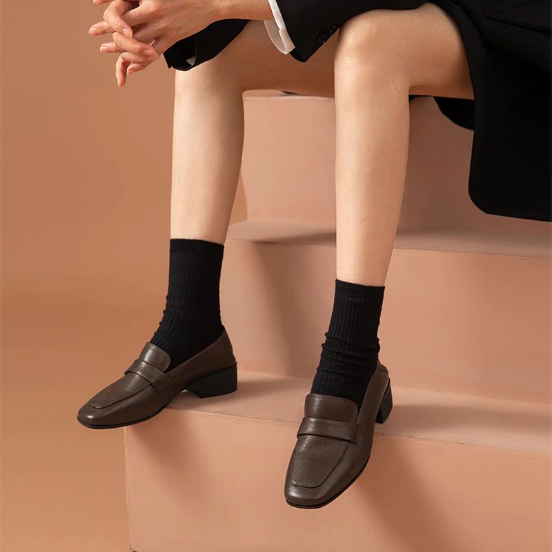 Armenia Damskie Płaskie Buty Typu Loafer Z Kwadratowym Noskiem - Kawowy