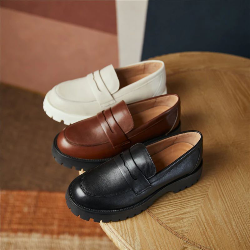 Aroa Damskie Buty Typu Leather Platform Loafer - Beżowy