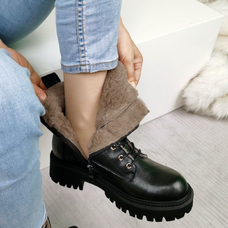 Asly Damskie Buty Do Kostki Z Wełny I Futra - Czarny