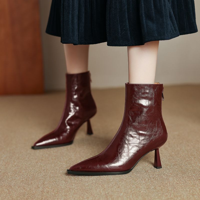 Belen Damskie Buty Skórzane Na Wysokim Obcasie Do Kostki - Czarny