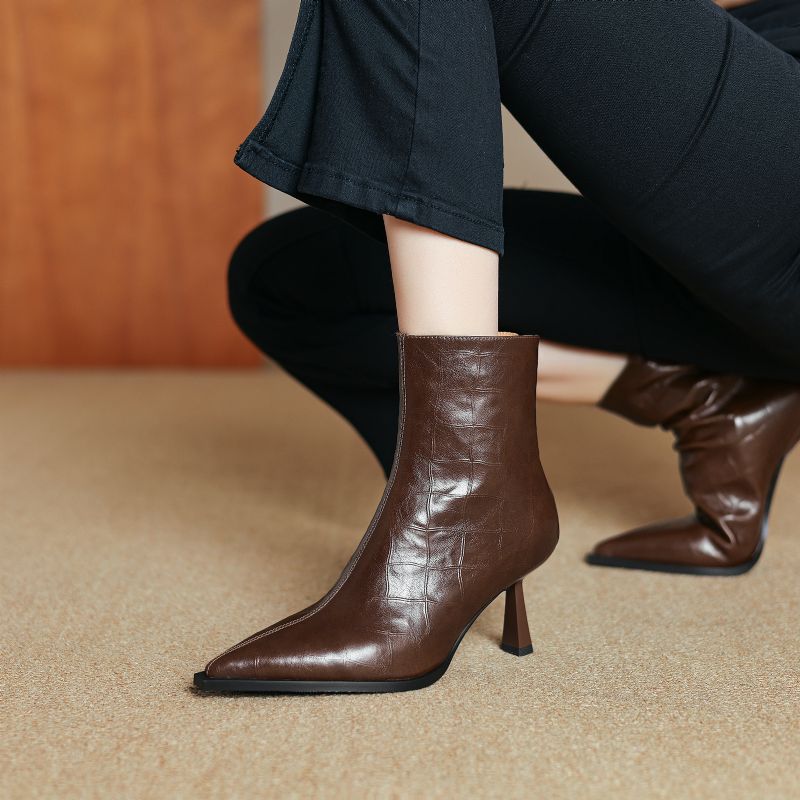Belen Damskie Buty Skórzane Na Wysokim Obcasie Do Kostki - Czarny