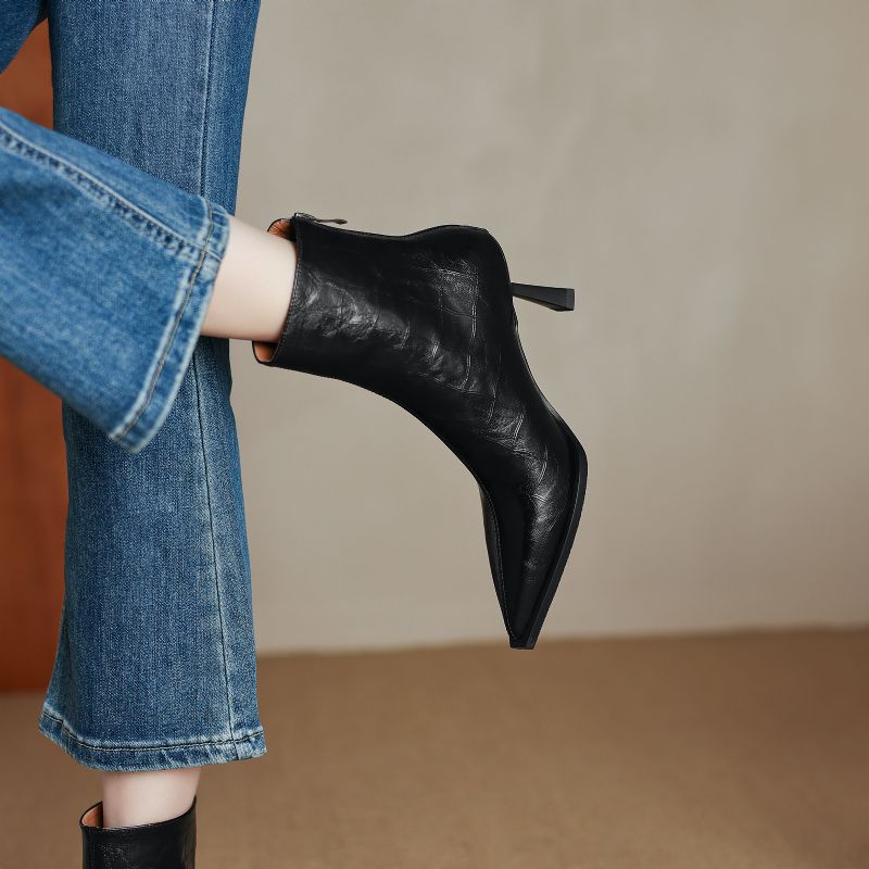 Belen Damskie Buty Skórzane Na Wysokim Obcasie Do Kostki - Czarny