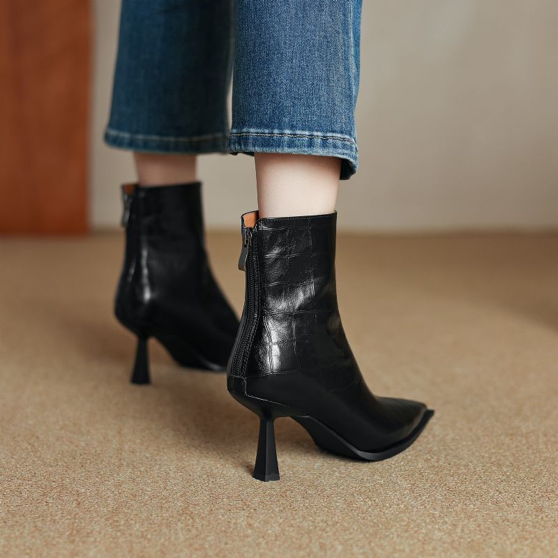 Belen Damskie Buty Skórzane Na Wysokim Obcasie Do Kostki - Czarny