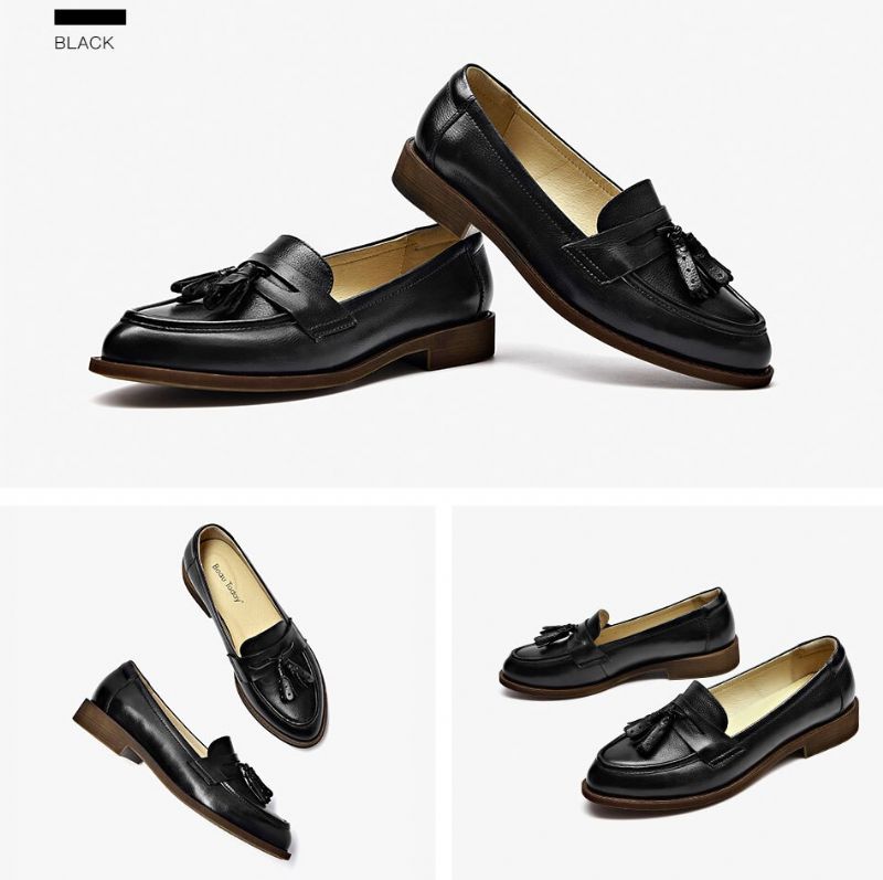 Billy Damskie Skórzane Buty Typu Loafer - Czarny Krótki Plusz