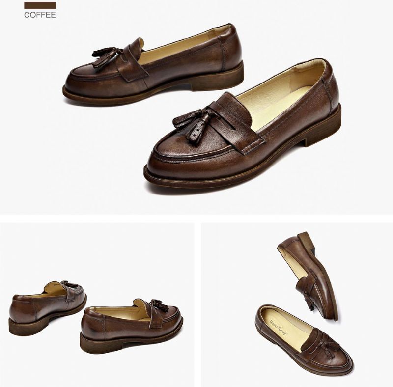 Billy Damskie Skórzane Buty Typu Loafer - Czarny Krótki Plusz