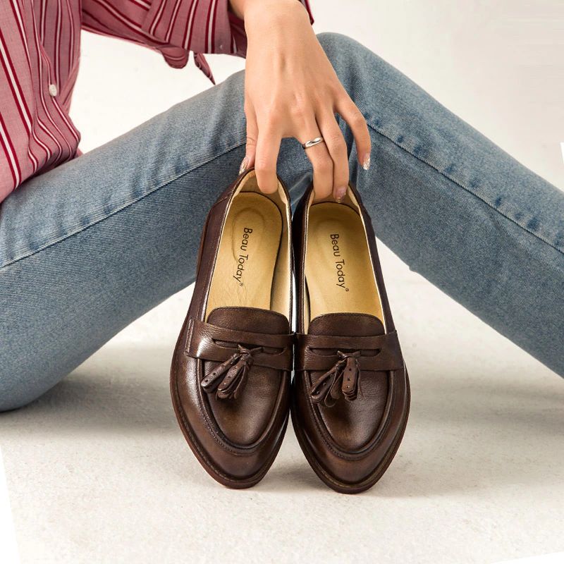 Billy Damskie Skórzane Buty Typu Loafer - Czarny Krótki Plusz