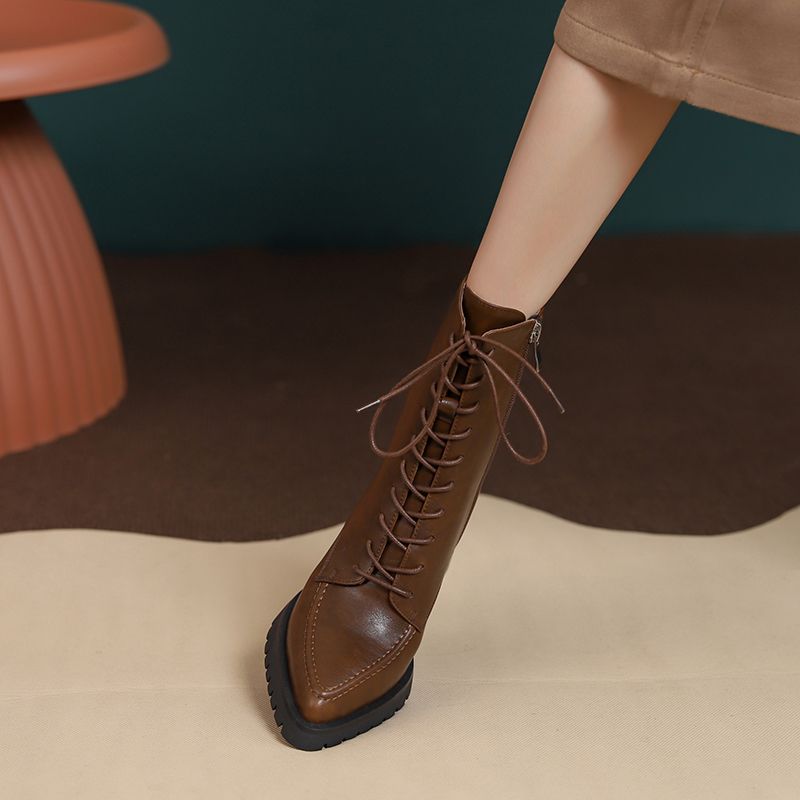 Botki Damskie Genesis Thick High Heels Ankle Boots - Brązowy z futrem
