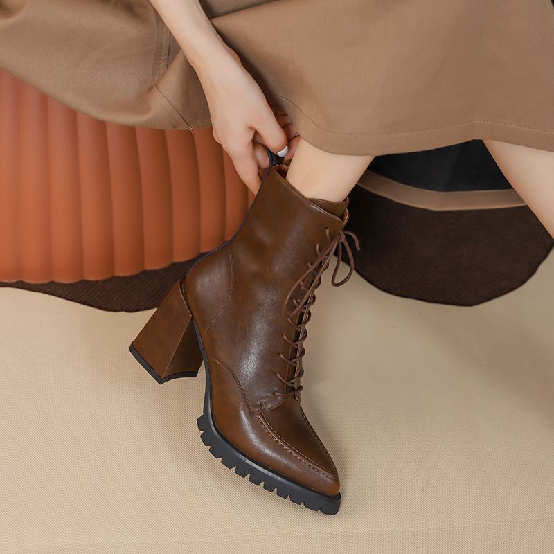 Botki Damskie Genesis Thick High Heels Ankle Boots - Brązowy z futrem