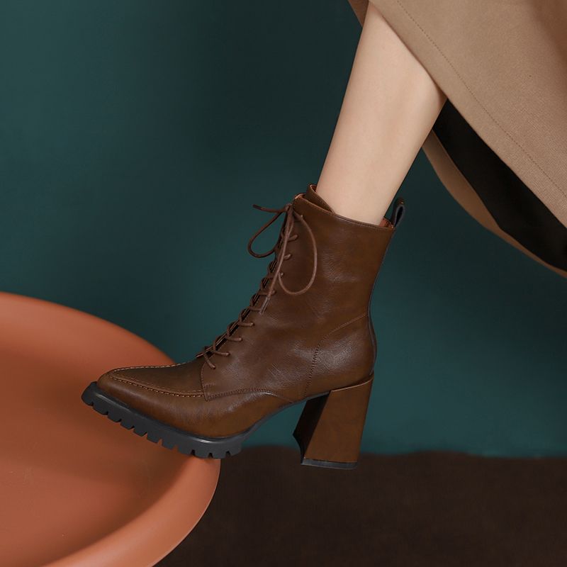 Botki Damskie Genesis Thick High Heels Ankle Boots - Brązowy z futrem