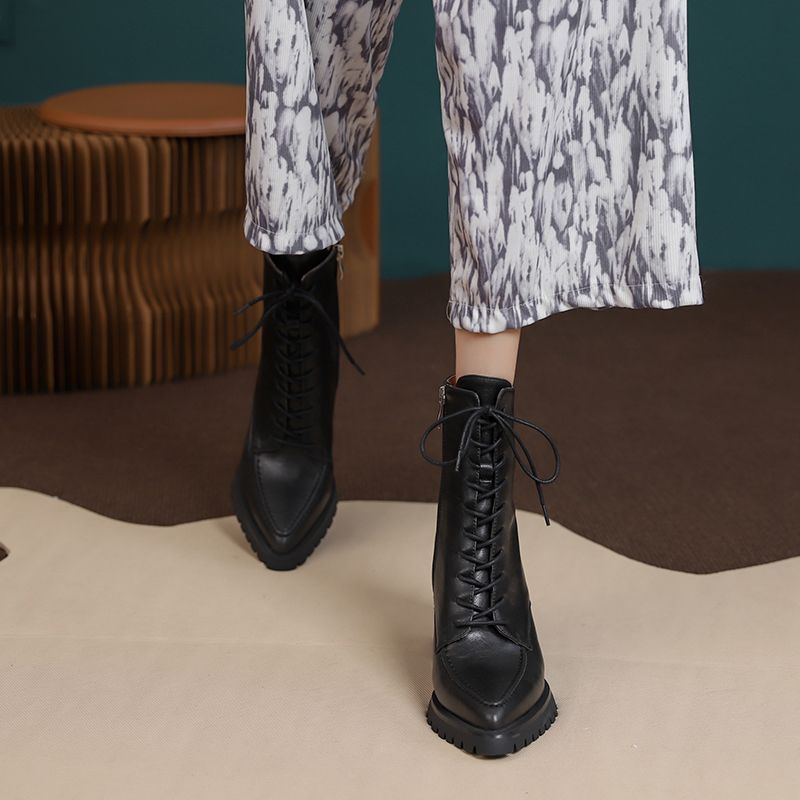 Botki Damskie Genesis Thick High Heels Ankle Boots - Brązowy z futrem