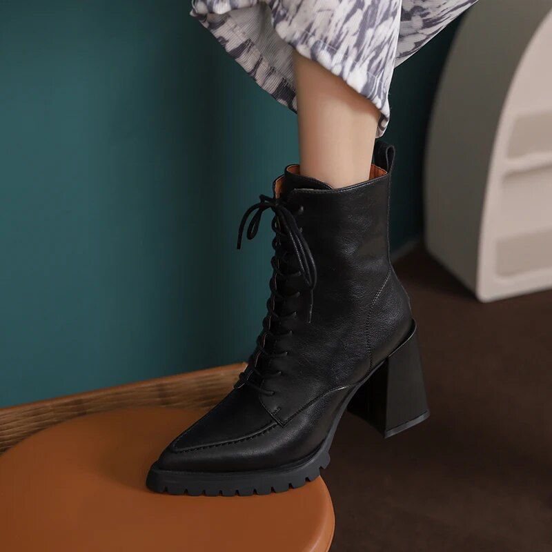 Botki Damskie Genesis Thick High Heels Ankle Boots - Brązowy z futrem