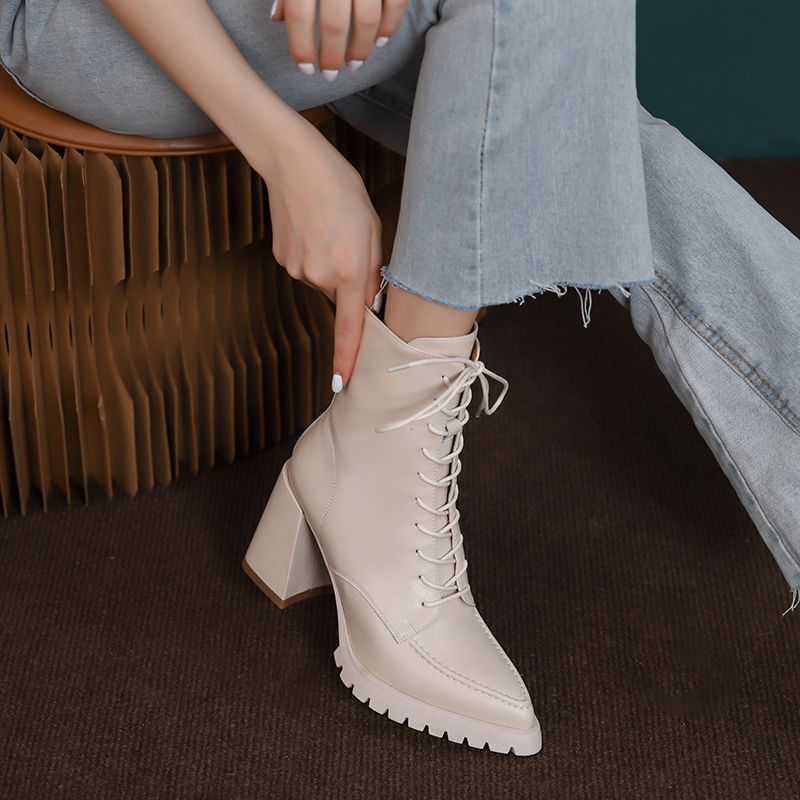 Botki Damskie Genesis Thick High Heels Ankle Boots - Brązowy z futrem