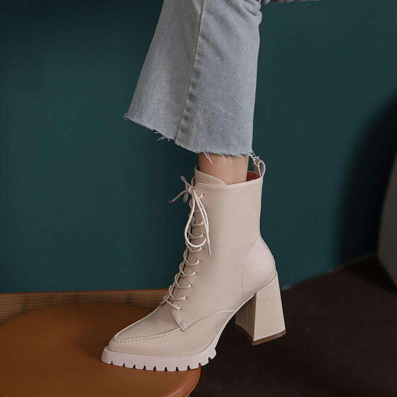 Botki Damskie Genesis Thick High Heels Ankle Boots - Brązowy z futrem