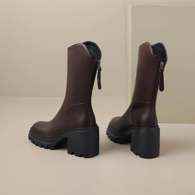 Bruna Damskie Buty Do Połowy Łydki - Brązowy