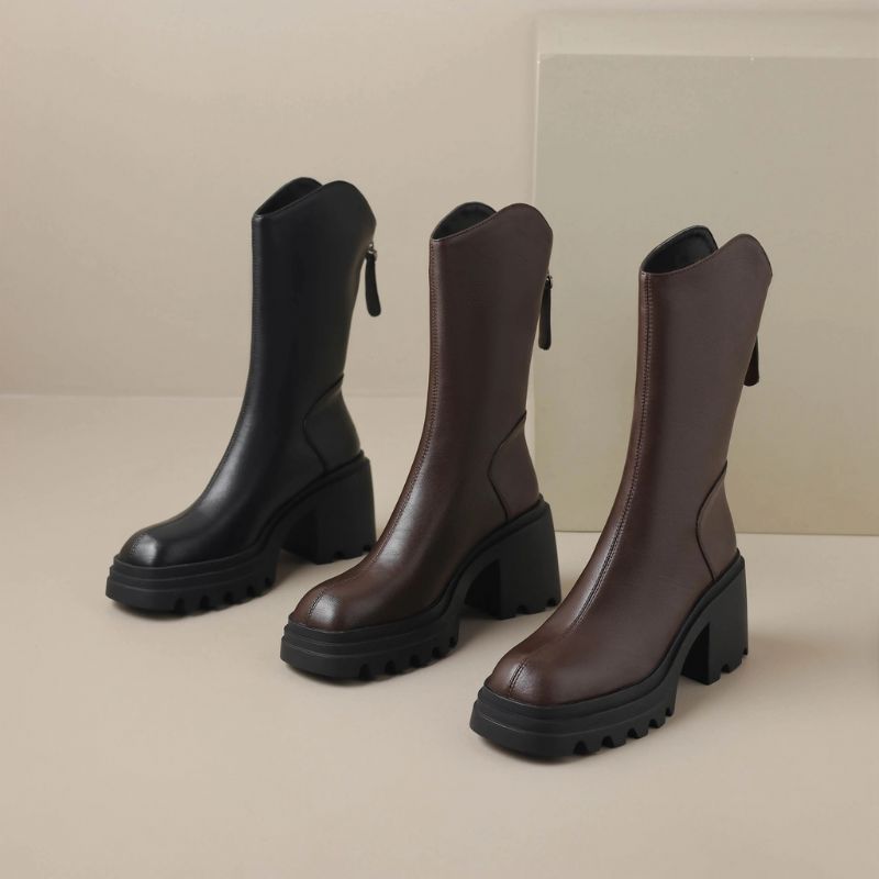 Bruna Damskie Buty Do Połowy Łydki - Brązowy