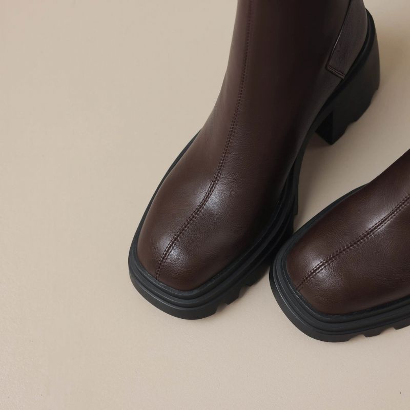 Bruna Damskie Buty Do Połowy Łydki - Brązowy