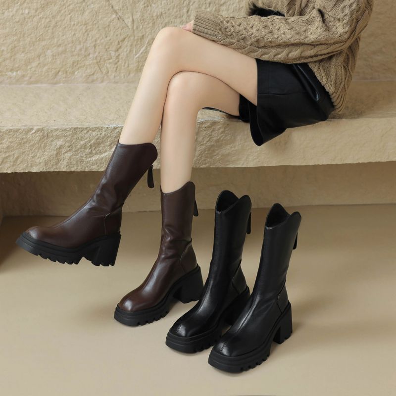 Bruna Damskie Buty Do Połowy Łydki - Brązowy
