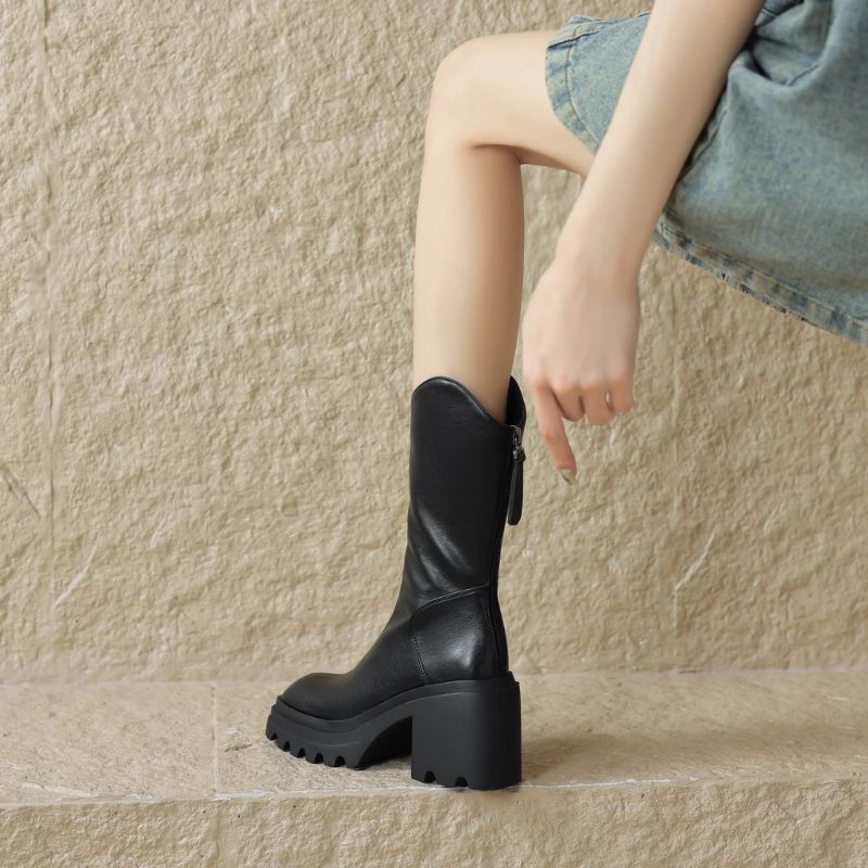 Bruna Damskie Buty Do Połowy Łydki - Brązowy