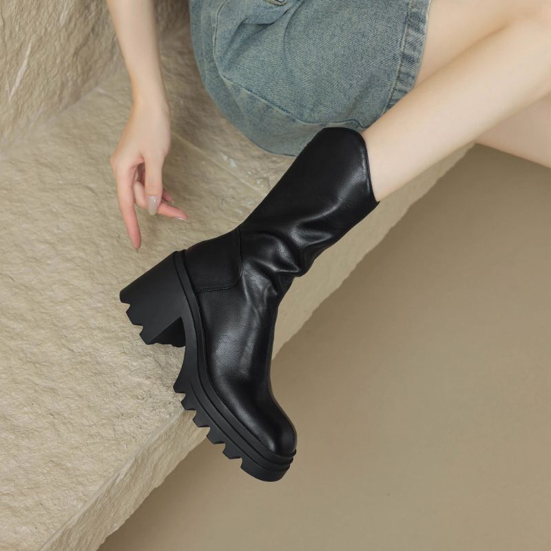 Bruna Damskie Buty Do Połowy Łydki - Brązowy