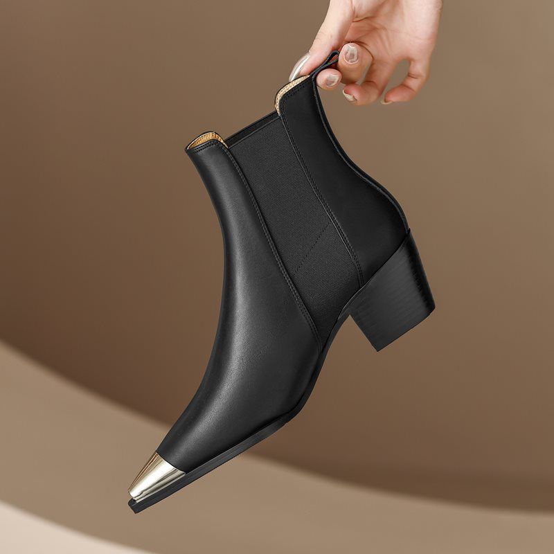 Buty Damskie Ferrez Metal Ladies Pointed Toe Ankle Boots - Czarny bez futra