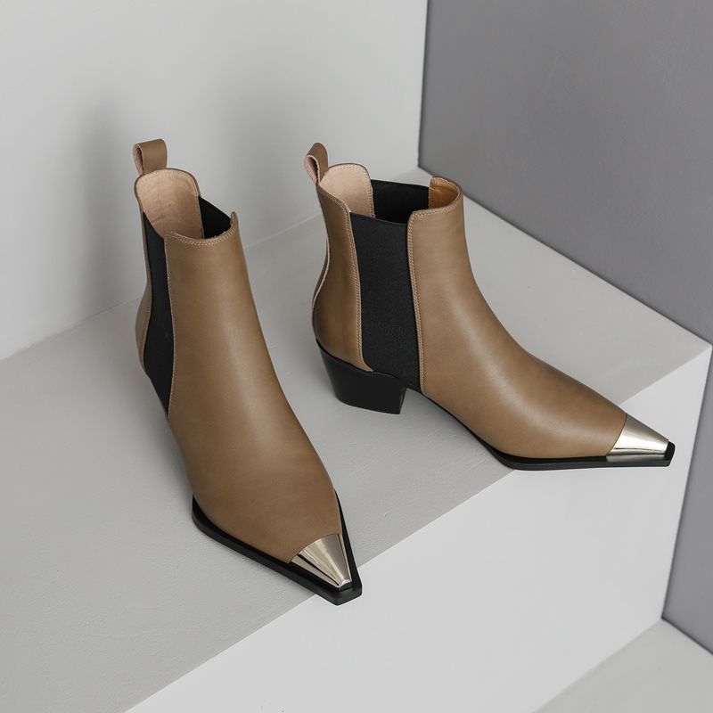Buty Damskie Ferrez Metal Ladies Pointed Toe Ankle Boots - Czarny bez futra