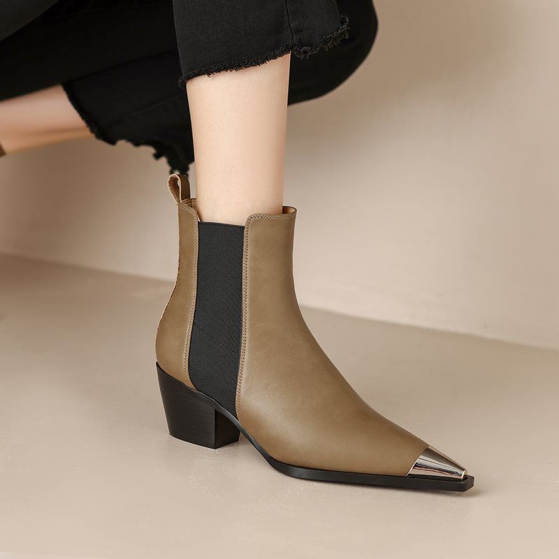 Buty Damskie Ferrez Metal Ladies Pointed Toe Ankle Boots - Czarny bez futra