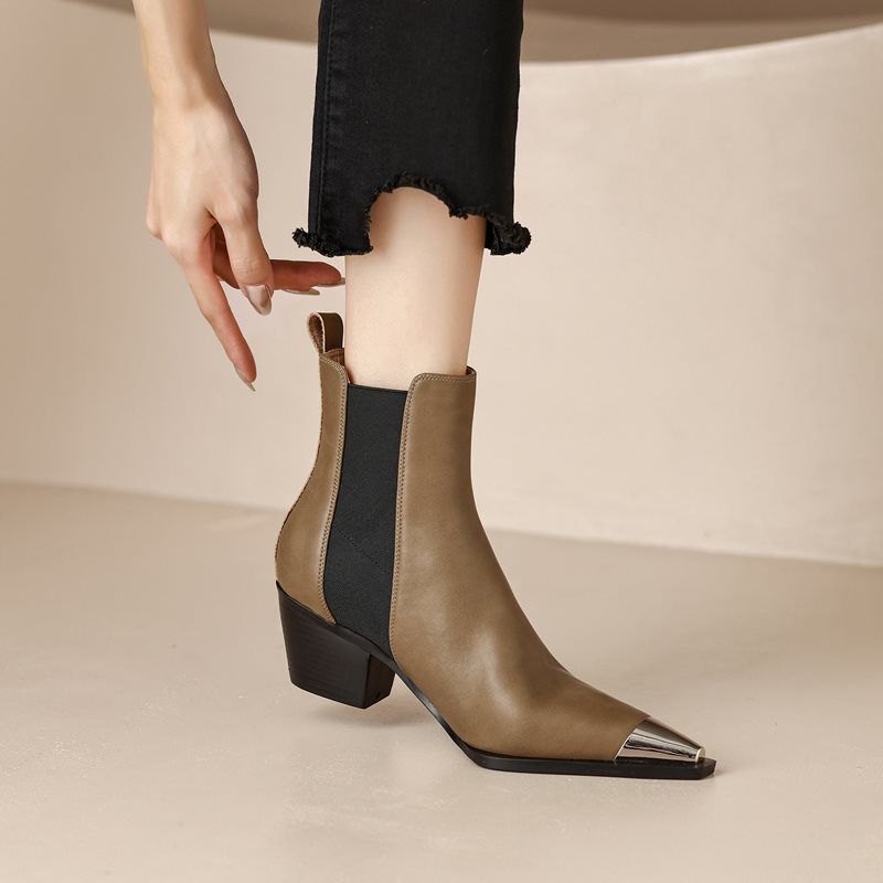 Buty Damskie Ferrez Metal Ladies Pointed Toe Ankle Boots - Czarny bez futra