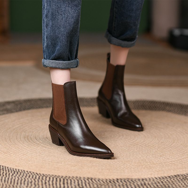 Buty Damskie Olga Pointed Toe Chelsea - Brązowy Bez futra