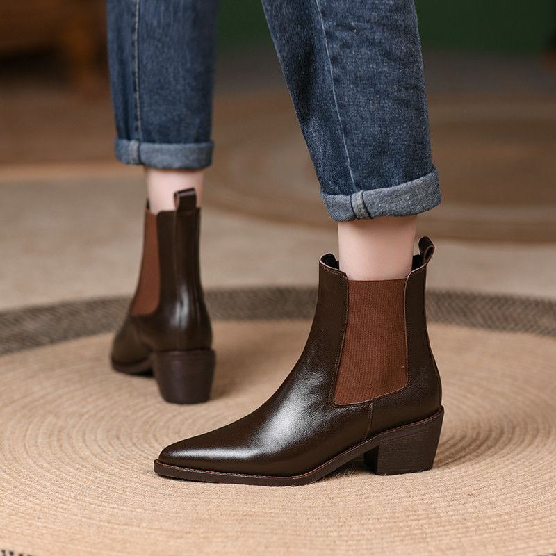 Buty Damskie Olga Pointed Toe Chelsea - Brązowy Bez futra