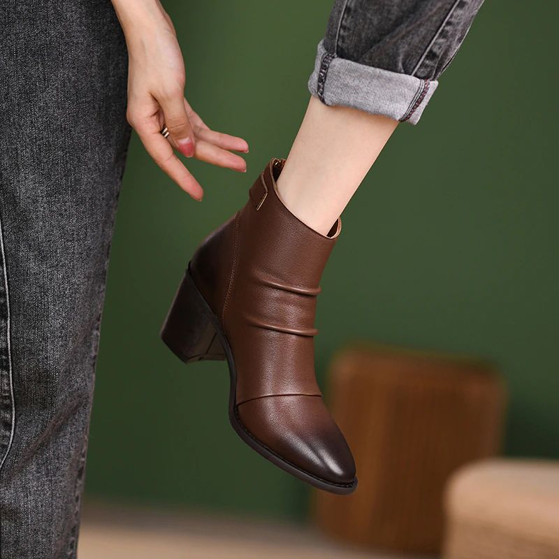 Buty Damskie Skórzane Do Kostki Arnold - Brązowy bez futra