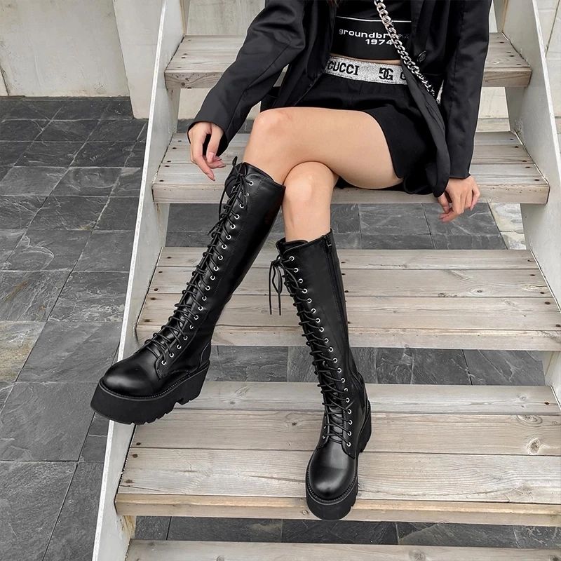 Camila Damskie Długie Sznurowane Buty - Czarny
