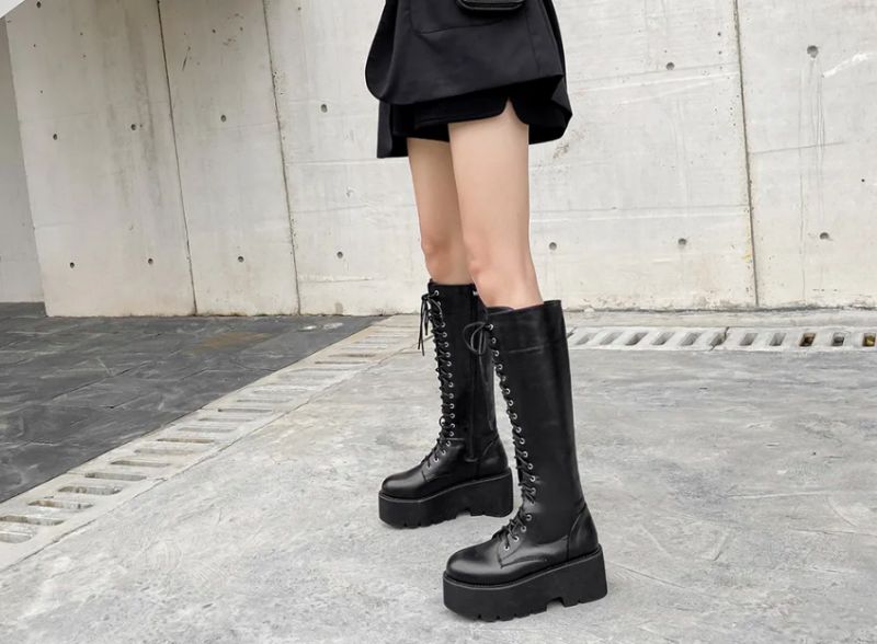 Camila Damskie Długie Sznurowane Buty - Czarny