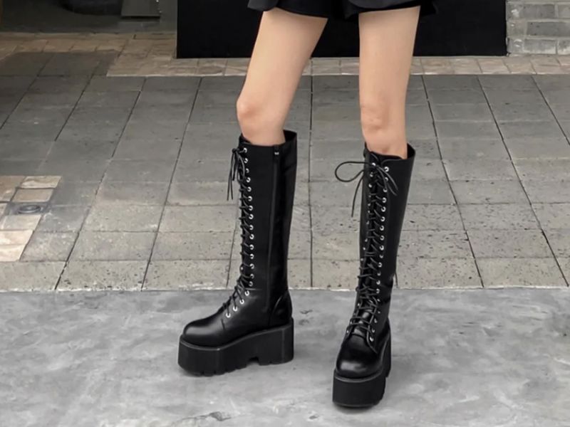 Camila Damskie Długie Sznurowane Buty - Czarny