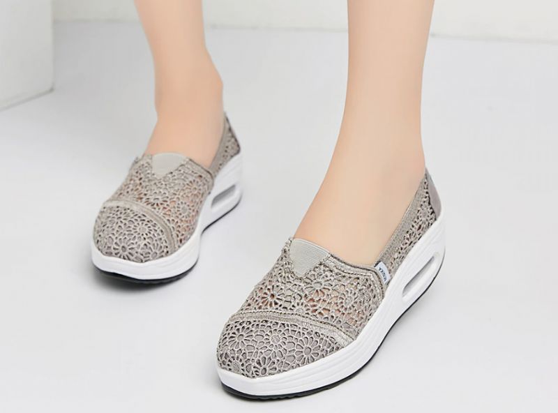 Caridad Damskie Buty Na Platformie Oddychające Slip-on - Szary