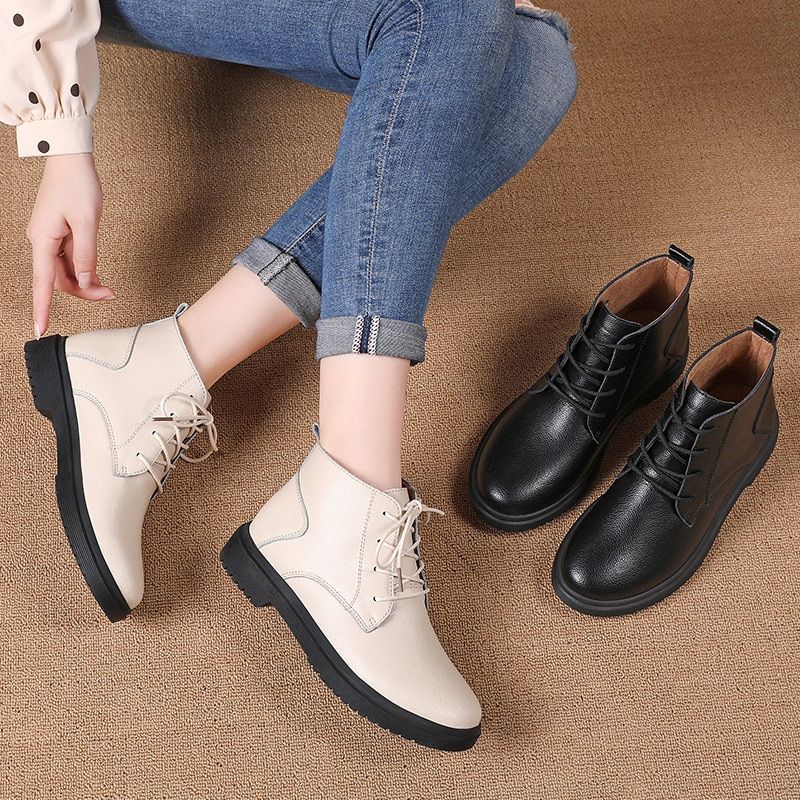 Chaten Damskie Buty Oxford Sznurowane Do Kostki Czarne - Czarny