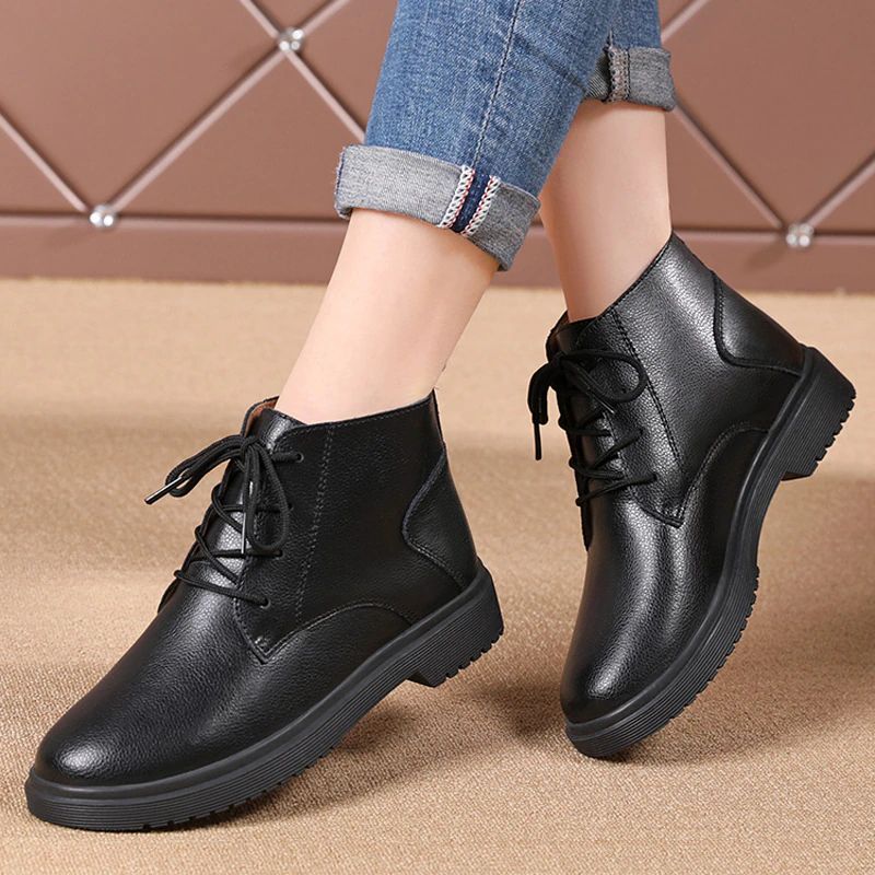 Chaten Damskie Buty Oxford Sznurowane Do Kostki Czarne - Czarny