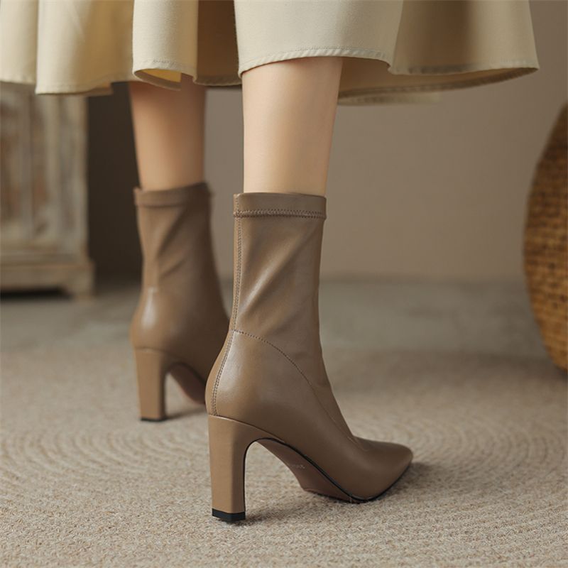Damskie Buty Ludy Do Kostki Ze Spiczastym Noskiem - Khaki krótki plusz