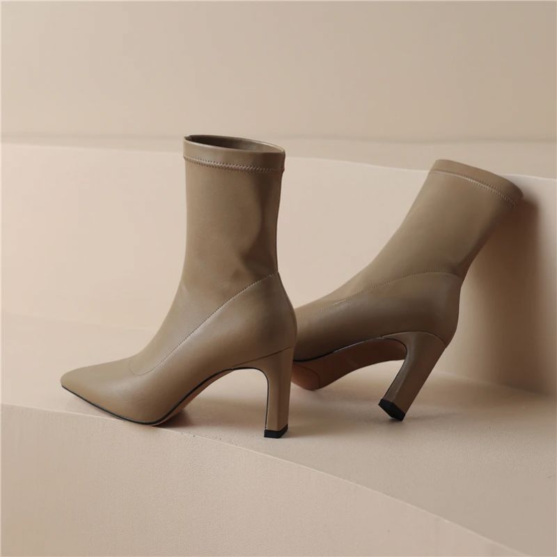 Damskie Buty Ludy Do Kostki Ze Spiczastym Noskiem - Khaki krótki plusz
