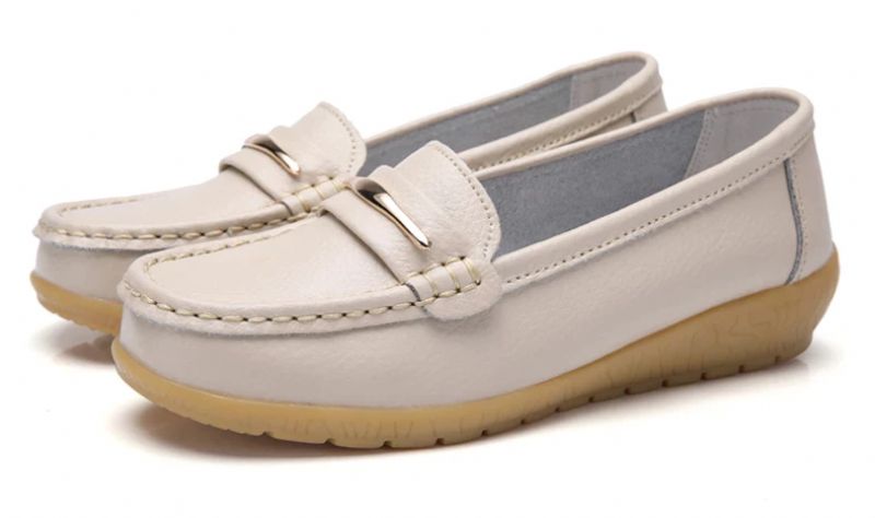 Damskie Buty Skórzane Edna Z Prawdziwej Skóry Płaskie Mokasyny Wiosna Jesień - Biały